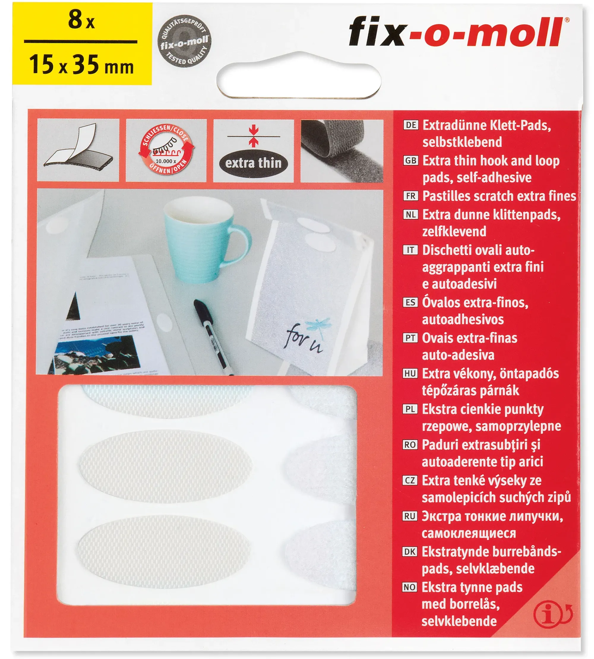 Borrelås hook+loop puter extra tynn hvit oval 15mmx35mm-Fix O Moll