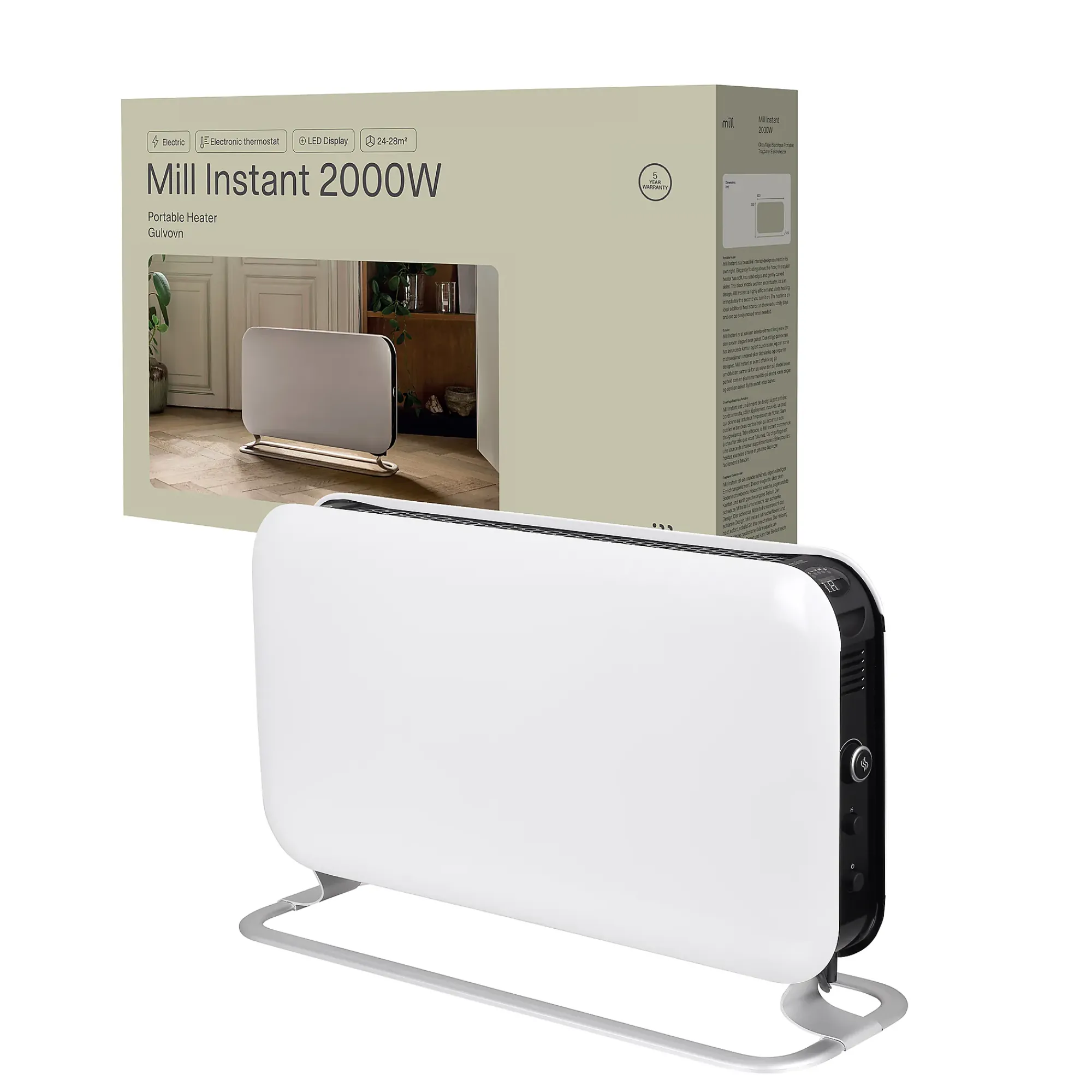 Gulvovn frittstående med elektronisk termostat 2000w-Mill