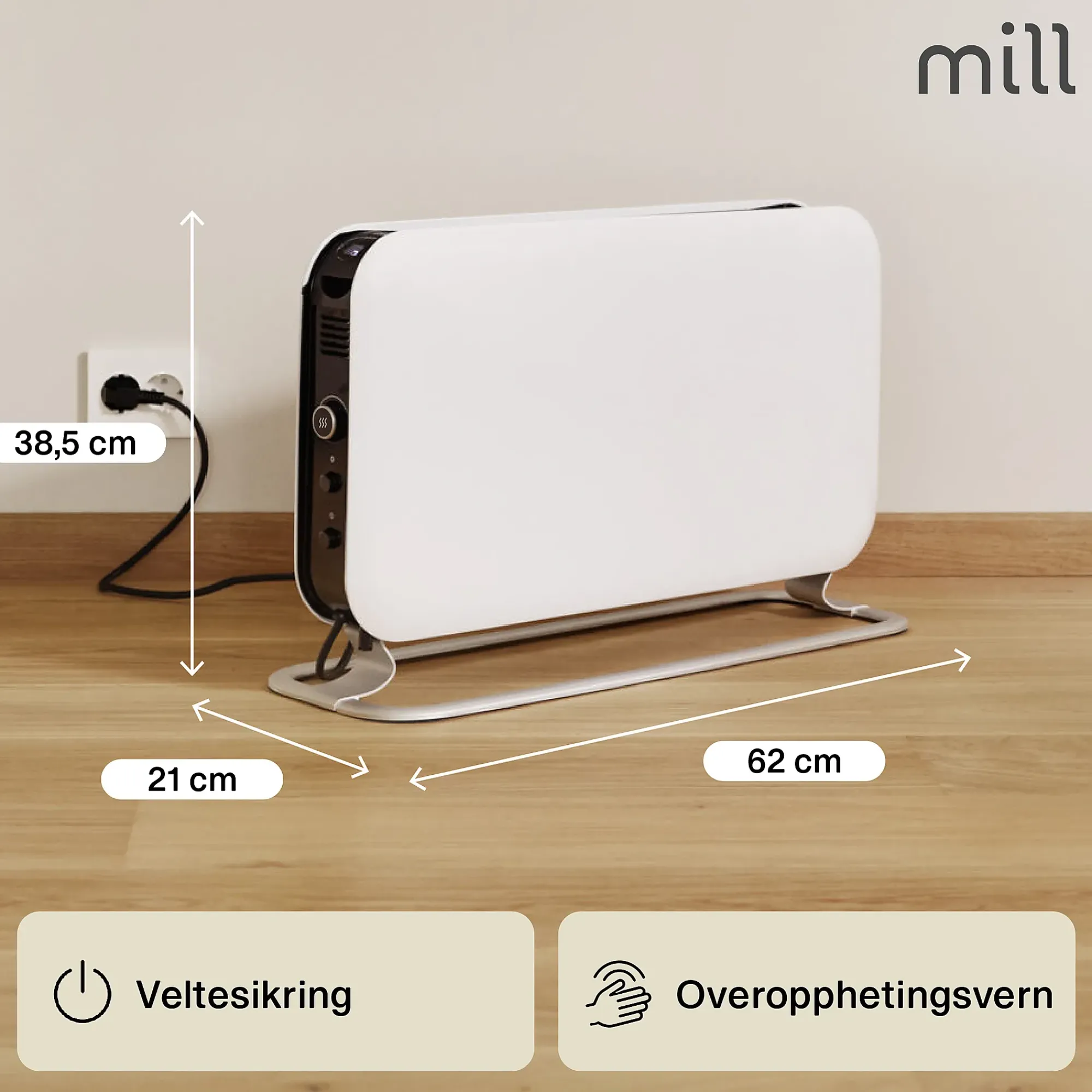 Gulvovn frittstående med elektronisk termostat 2000w-Mill