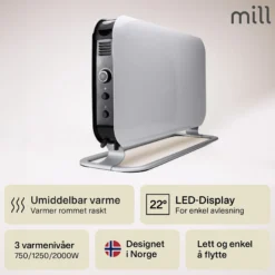Gulvovn frittstående med elektronisk termostat 2000w-Mill