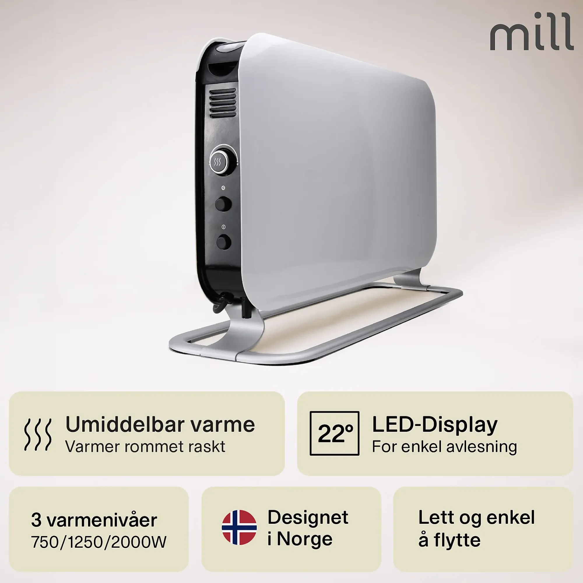 Gulvovn frittstående med elektronisk termostat 2000w-Mill