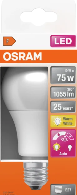 LED Classic A 75 10W 2700K daylight sensor E27-Osram Clearance