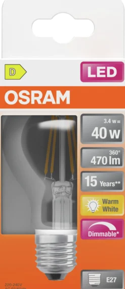 Led Lyspære E27 Classic A40 470lm klar Dimbar-Osram New