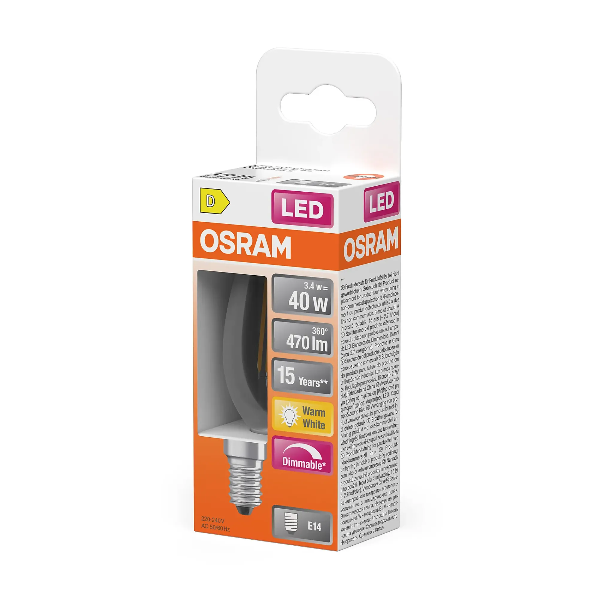 Led Lyspære E14 Classic B40 470lm klar Dimbar-Osram Online