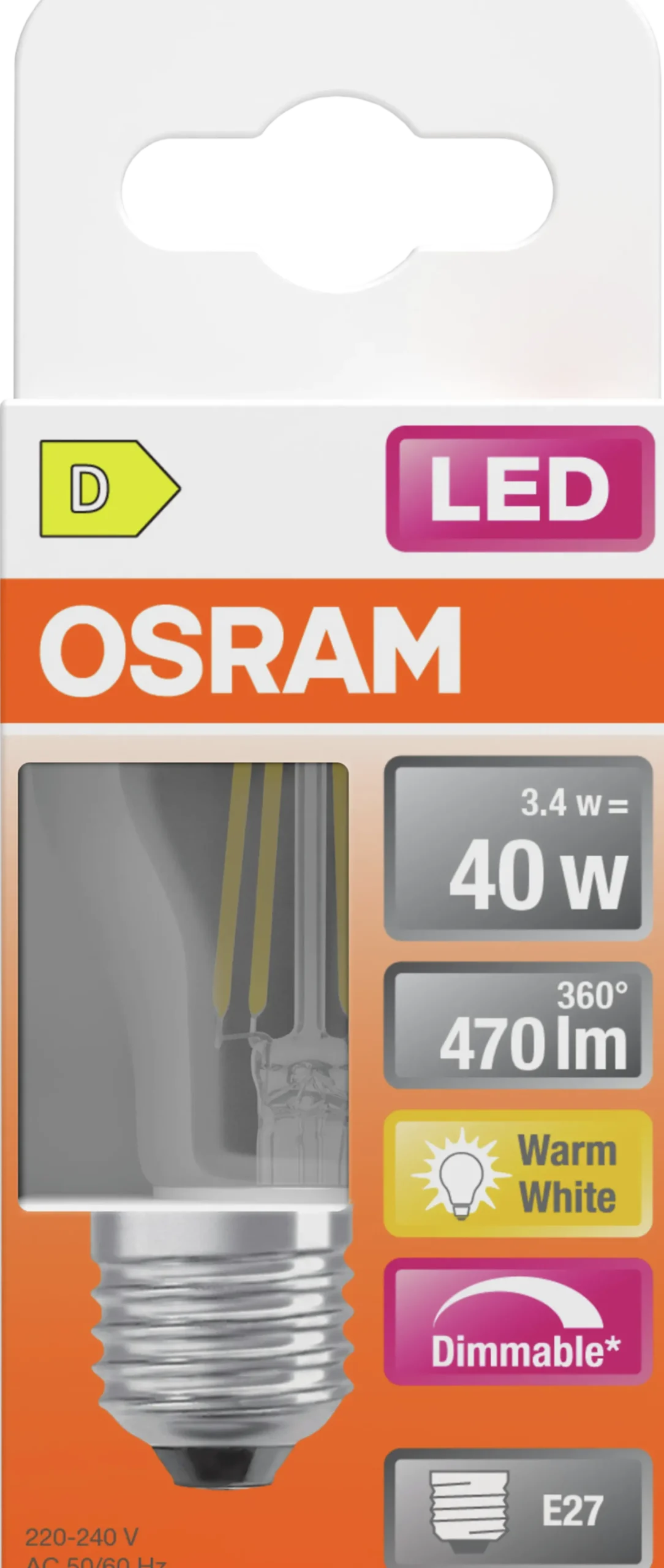 Led Lyspære E27 Classic P40 470lm klar Dimbar-Osram New