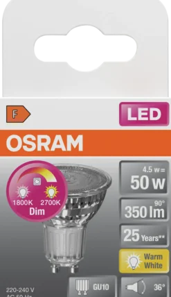LED lyspære PAR16 50 GU10 glow dim 4,5W 2700K- 1800K 90° 230V-Osram New