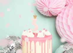 Nummerlys 3 rosa med krone 9,5cm-Partydeco New