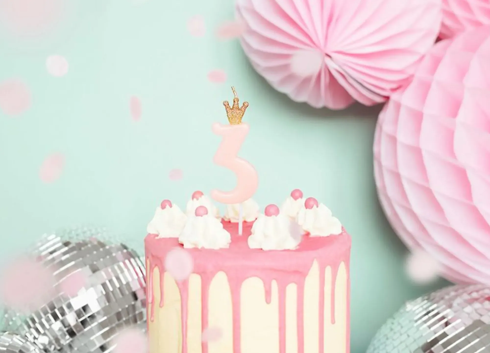 Nummerlys 3 rosa med krone 9,5cm-Partydeco New