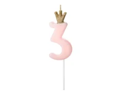 Nummerlys 3 rosa med krone 9,5cm-Partydeco New
