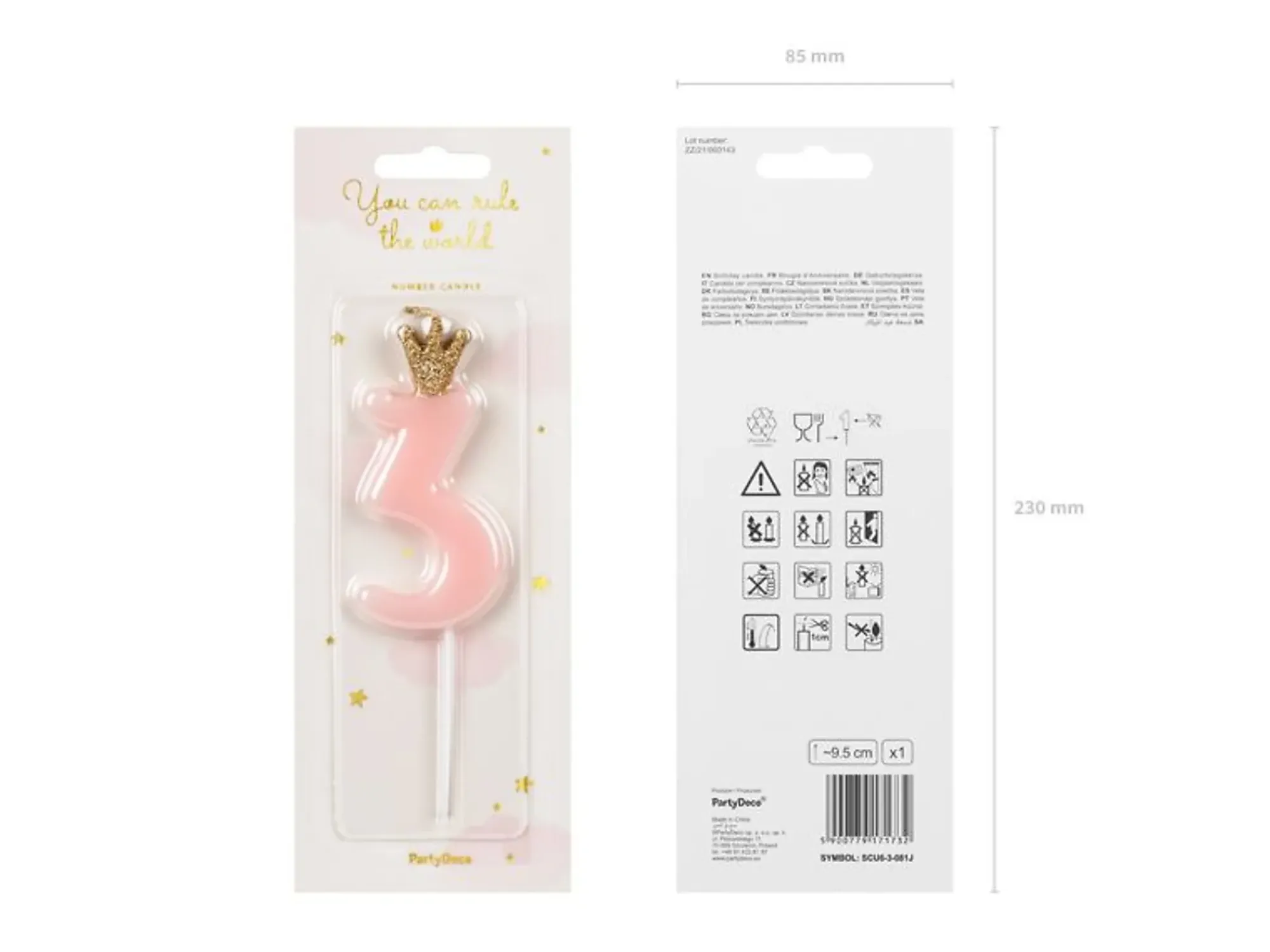 Nummerlys 3 rosa med krone 9,5cm-Partydeco New