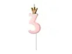 Nummerlys 3 rosa med krone 9,5cm-Partydeco New