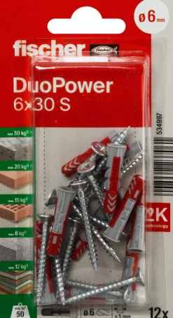 Universalplugg Duopower 6x30 S BK 12stk med skrue-Fischer