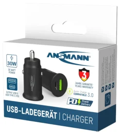 USB-lader til 12V Bil 1xUSB og 1xUSB-C ladeport-Ansmann
